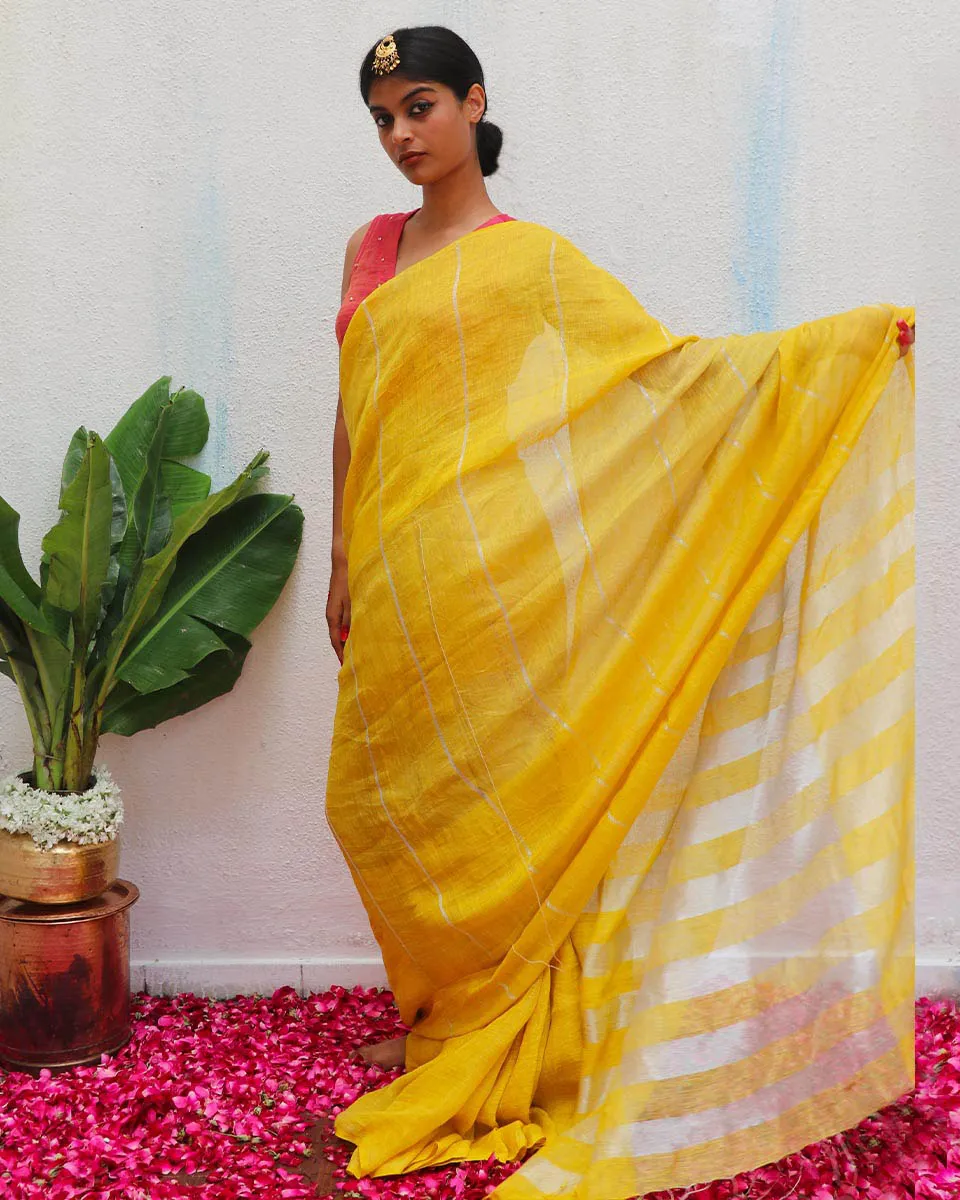 Arunima Yellow Handwoven Linen Zari Saree - Eknoor
