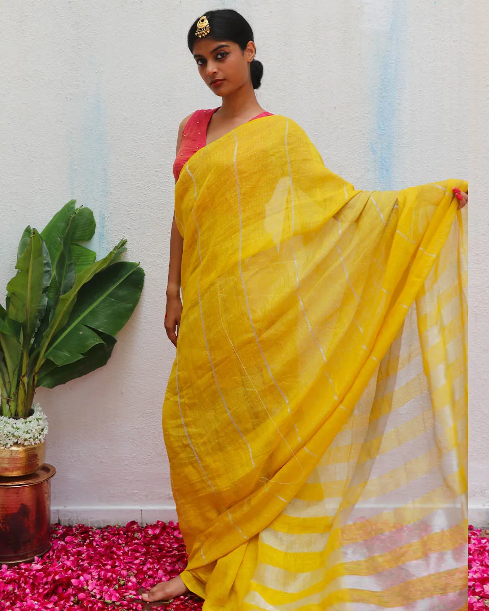 Arunima Yellow Handwoven Linen Zari Saree - Eknoor