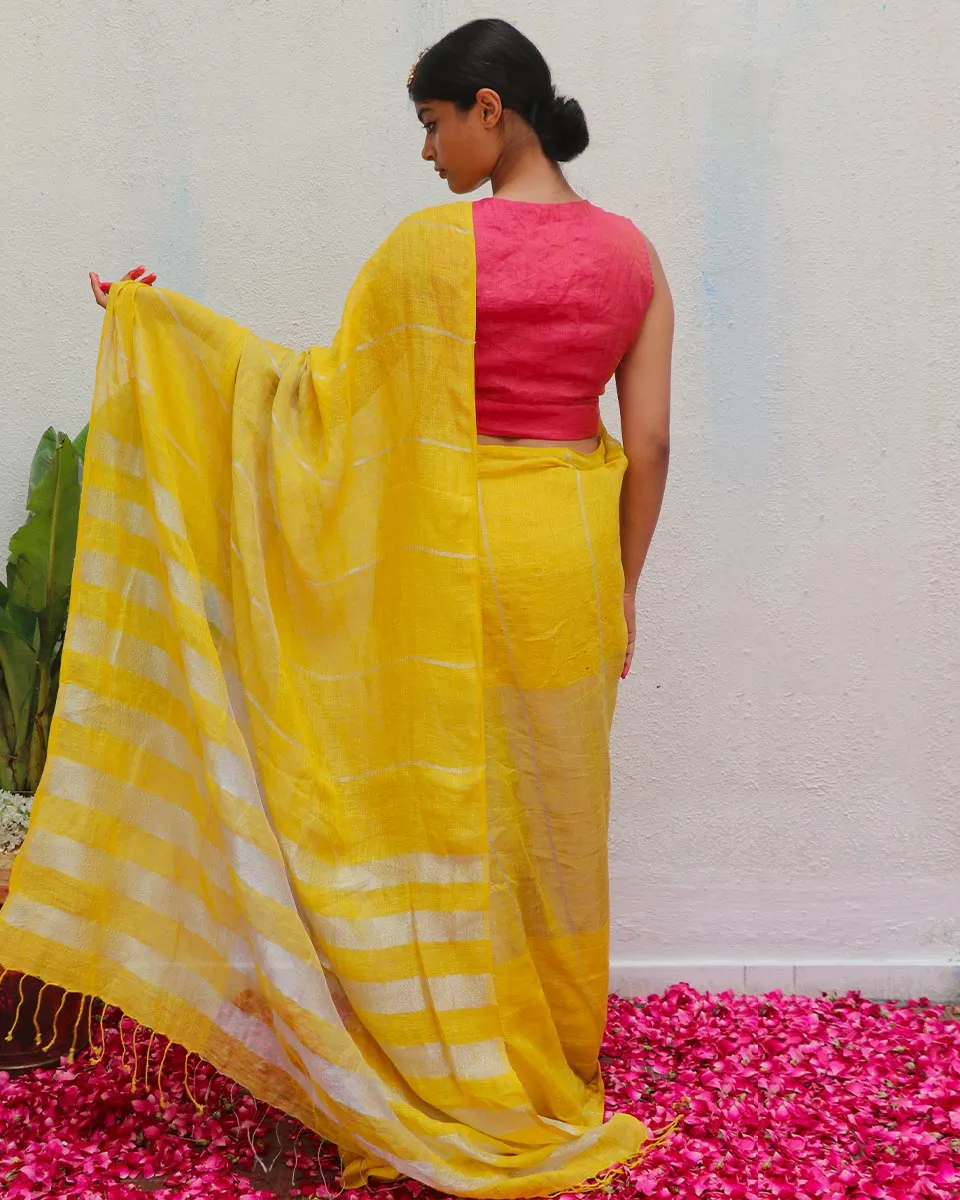 Arunima Yellow Handwoven Linen Zari Saree - Eknoor