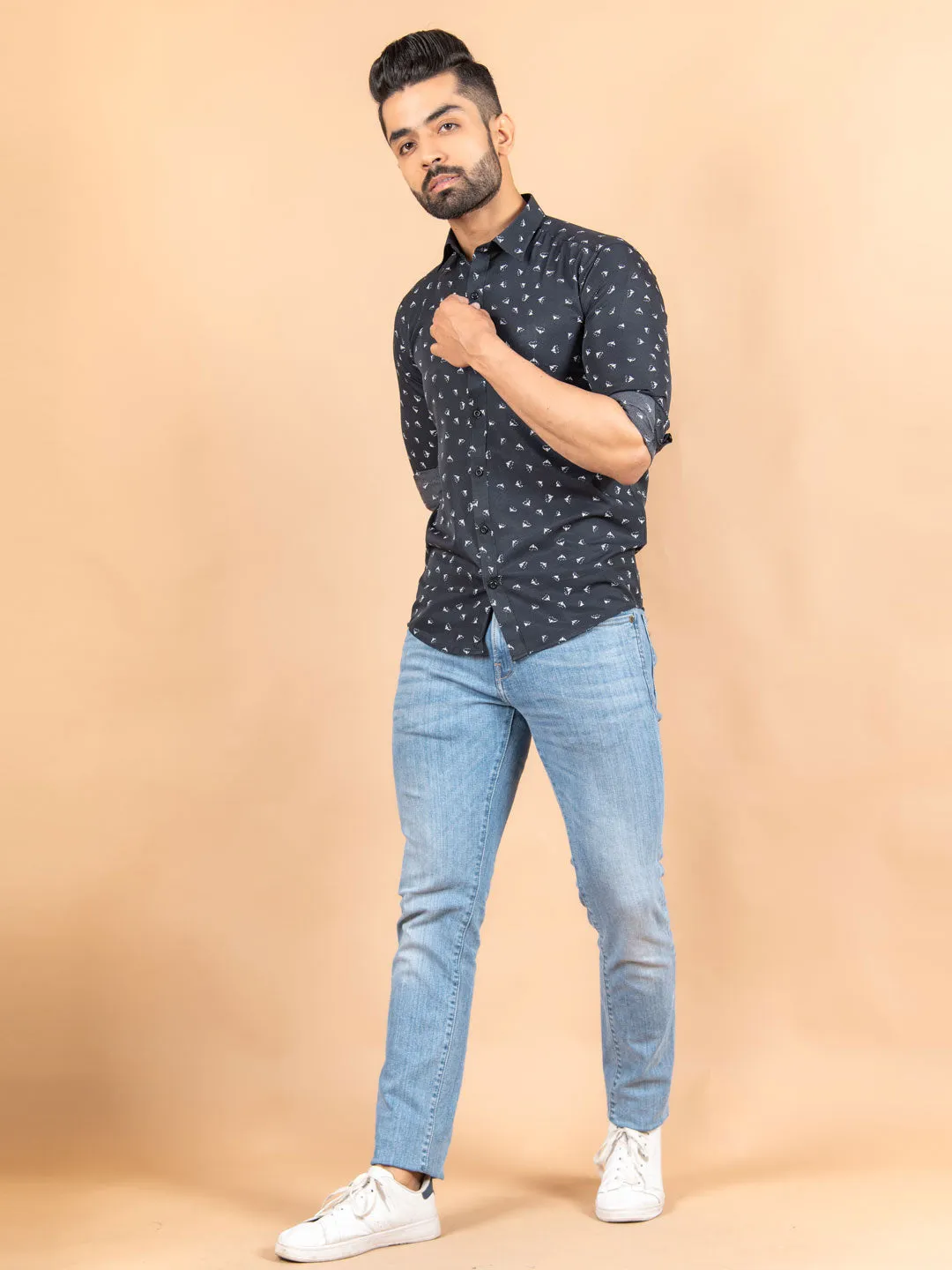 Black Small Motif Printed Crepe Shirt