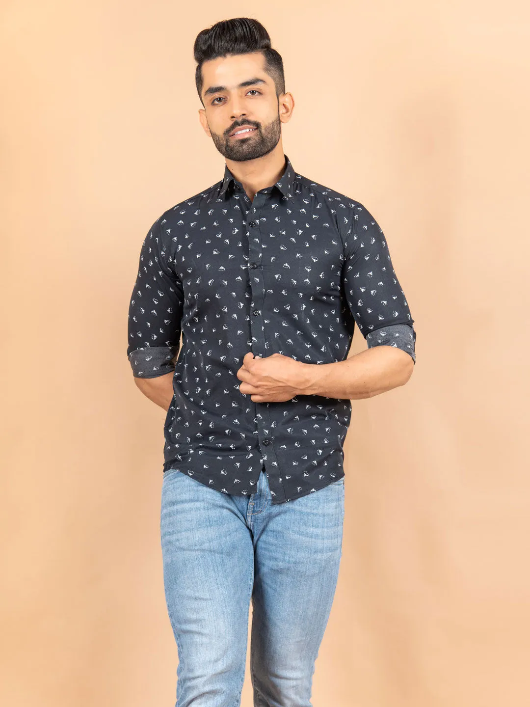 Black Small Motif Printed Crepe Shirt