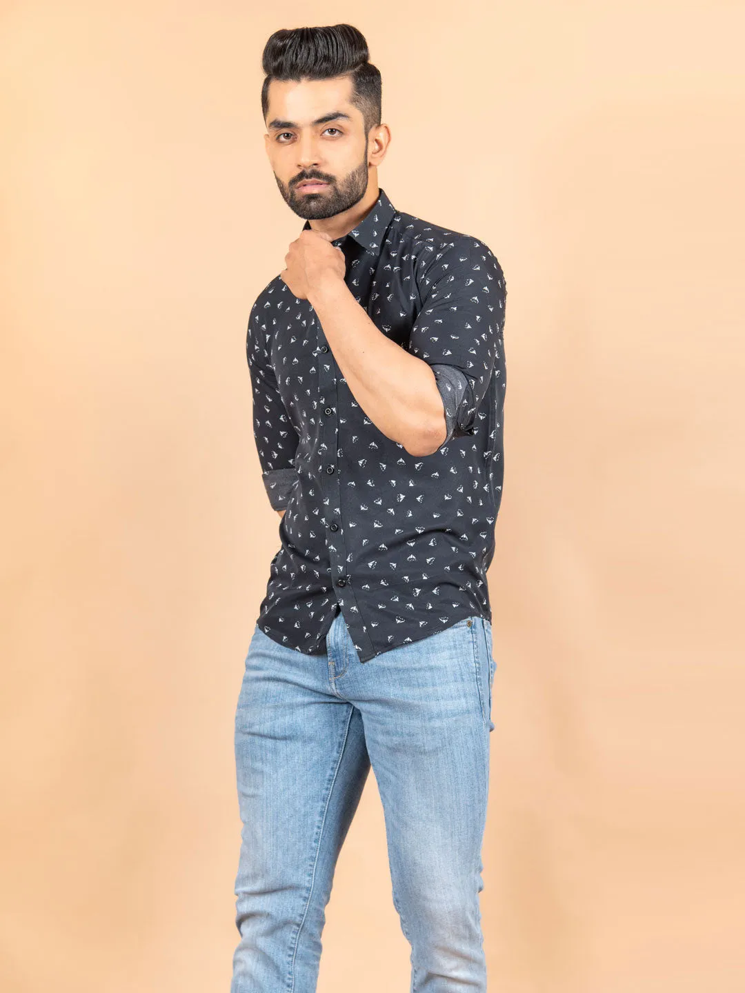 Black Small Motif Printed Crepe Shirt