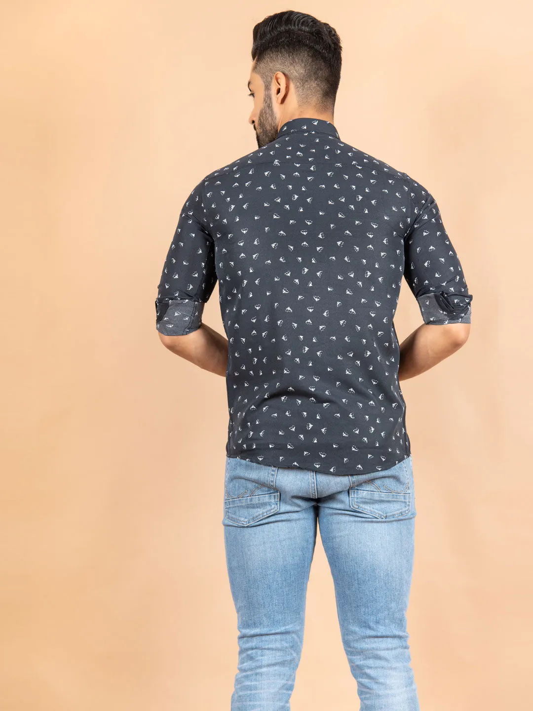 Black Small Motif Printed Crepe Shirt
