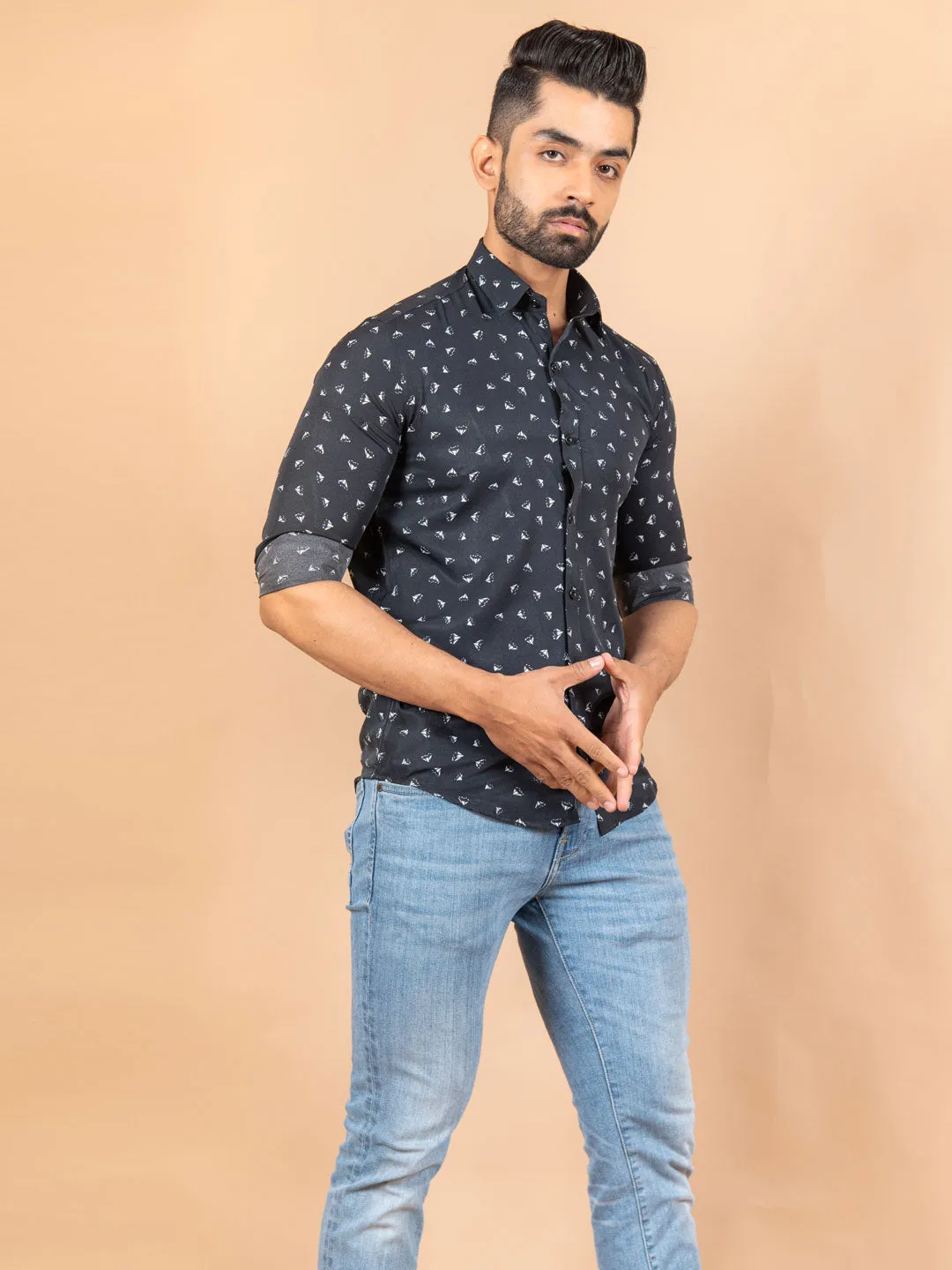 Black Small Motif Printed Crepe Shirt
