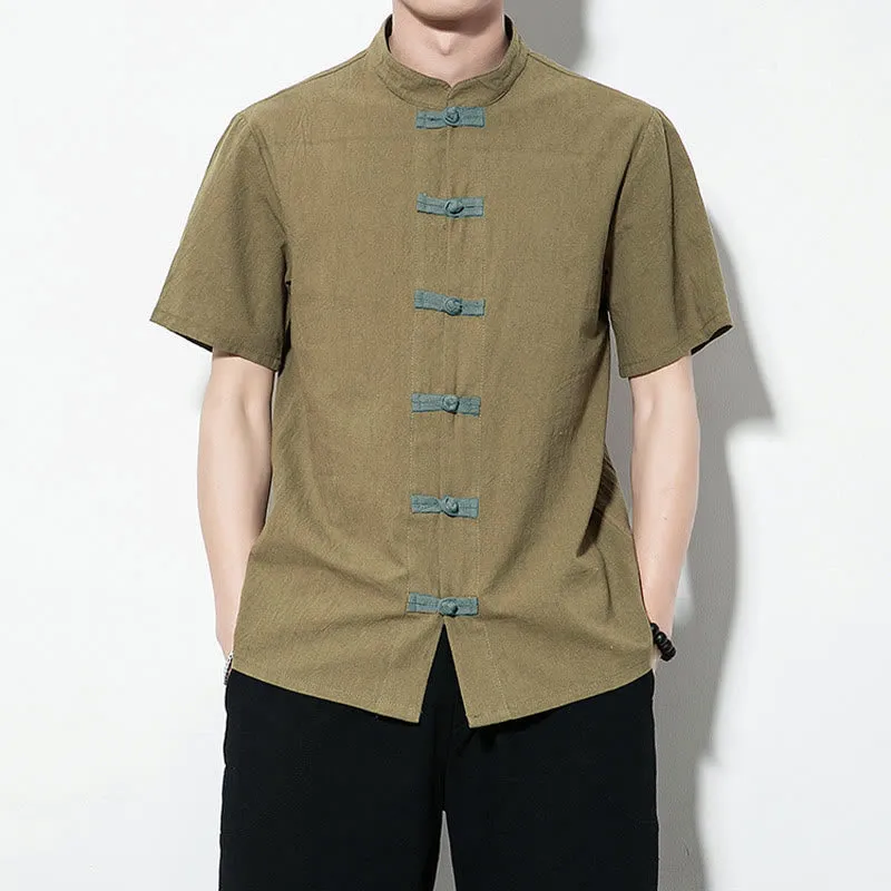 Buddha Stones Casual Solid Color Front Frog Buttons Chinese Tang Suit Short Sleeve Linen Men's Shirt