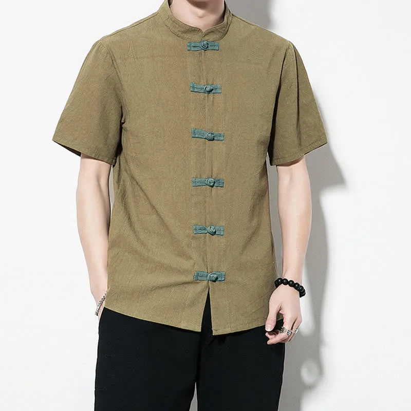 Buddha Stones Casual Solid Color Front Frog Buttons Chinese Tang Suit Short Sleeve Linen Men's Shirt