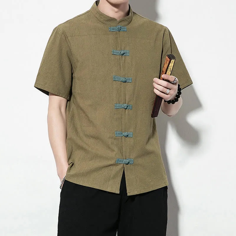 Buddha Stones Casual Solid Color Front Frog Buttons Chinese Tang Suit Short Sleeve Linen Men's Shirt