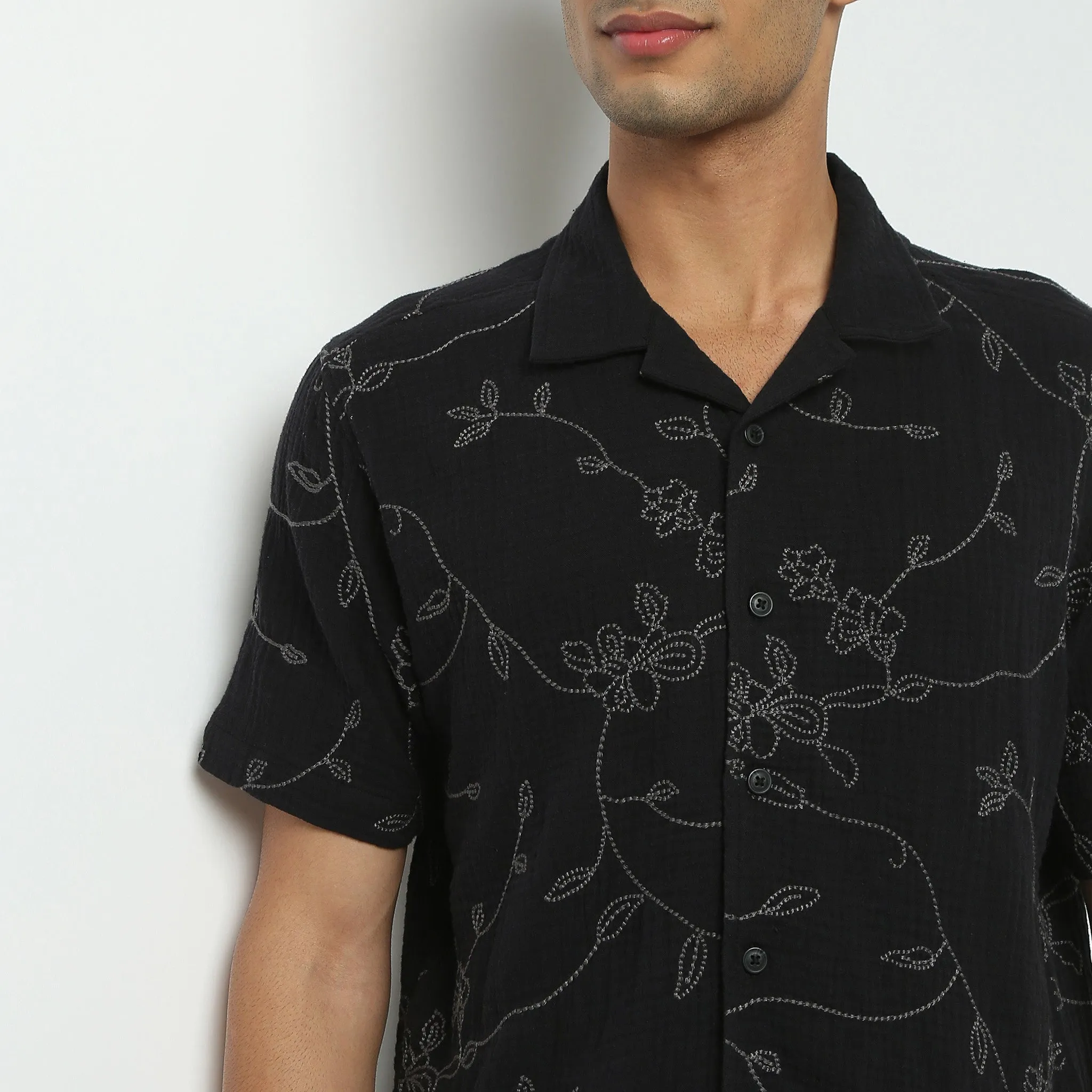 Camp Collar Short Length Cuban Embroidered Relaxed Fit Shirt