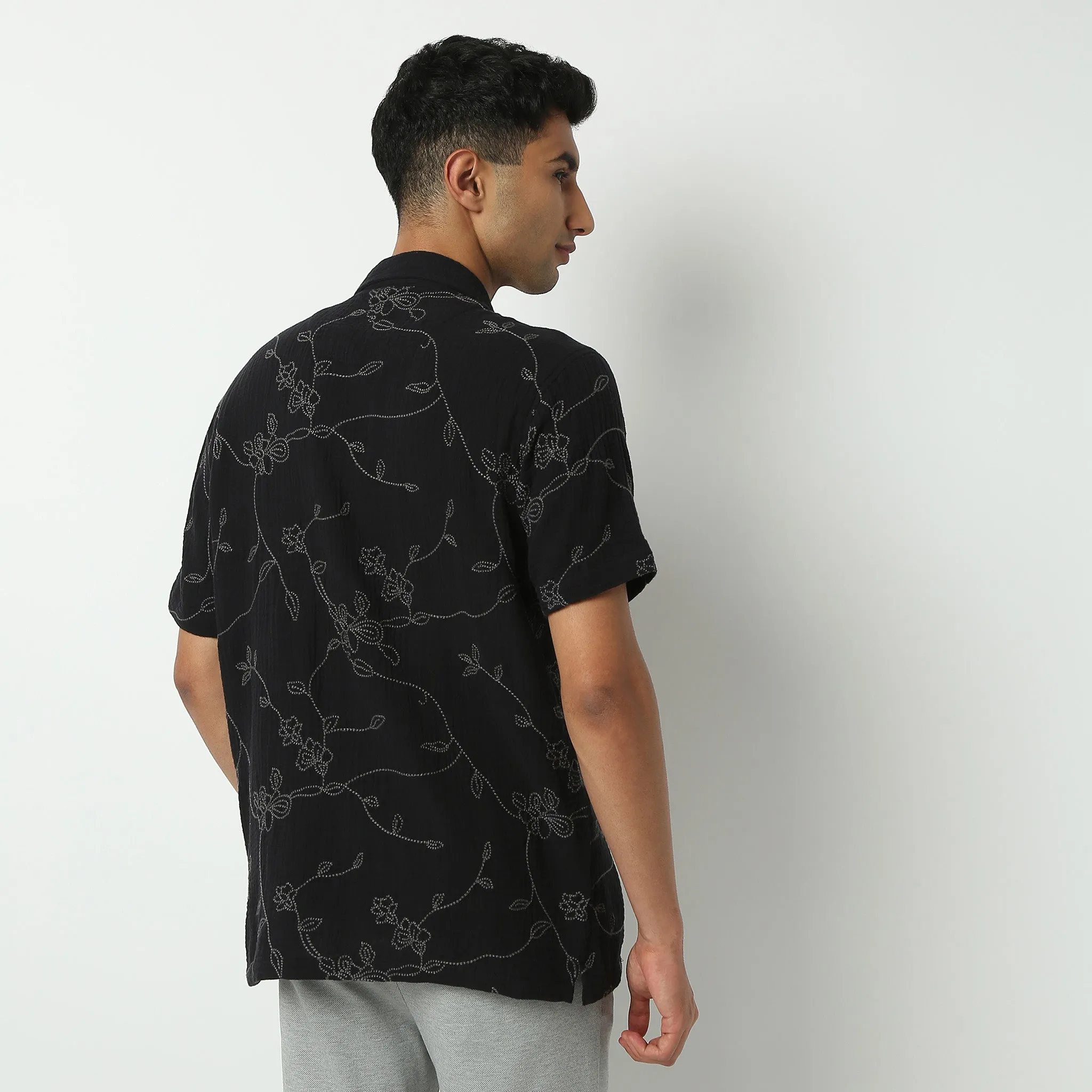 Camp Collar Short Length Cuban Embroidered Relaxed Fit Shirt