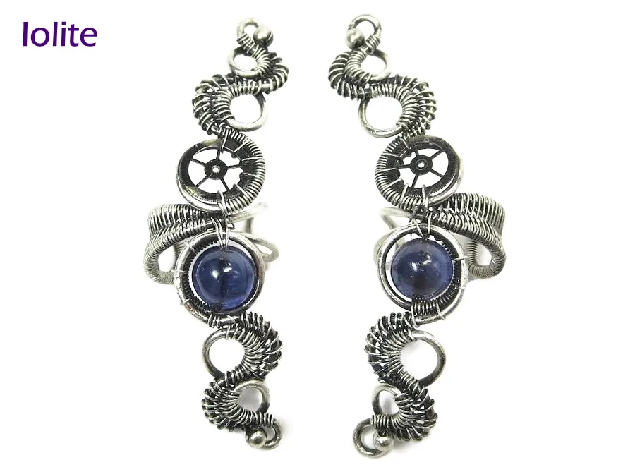 Custom Gemstone & Sterling Silver Steampunk Ear Cuff; "Rippling Wave" Model