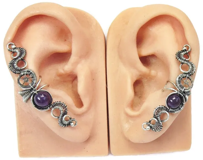 Custom Gemstone & Sterling Silver Steampunk Ear Cuff; "Rippling Wave" Model