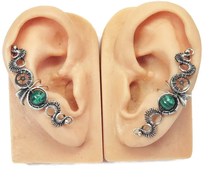 Custom Gemstone & Sterling Silver Steampunk Ear Cuff; "Rippling Wave" Model