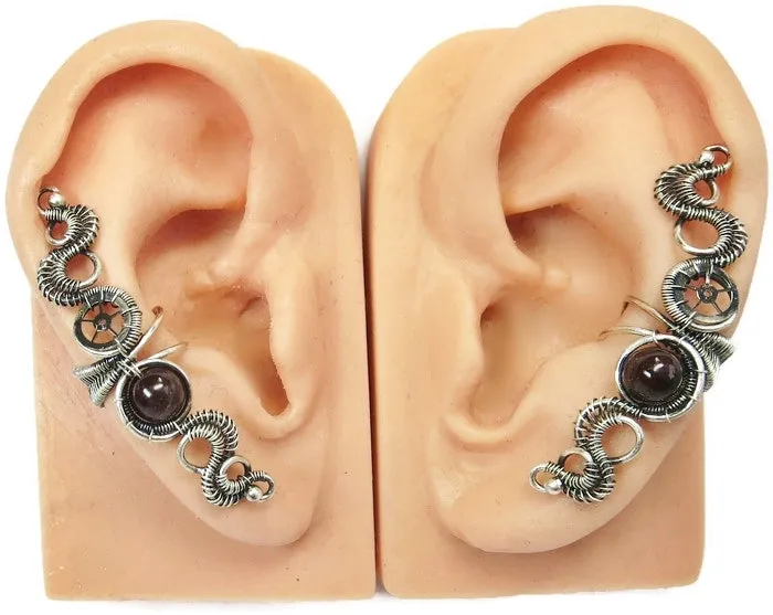 Custom Gemstone & Sterling Silver Steampunk Ear Cuff; "Rippling Wave" Model