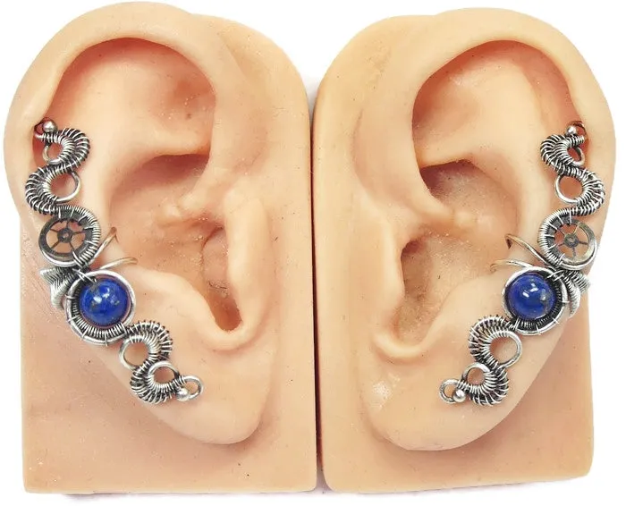 Custom Gemstone & Sterling Silver Steampunk Ear Cuff; "Rippling Wave" Model