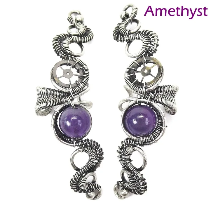 Custom Gemstone & Sterling Silver Steampunk Ear Cuff; "Rippling Wave" Model