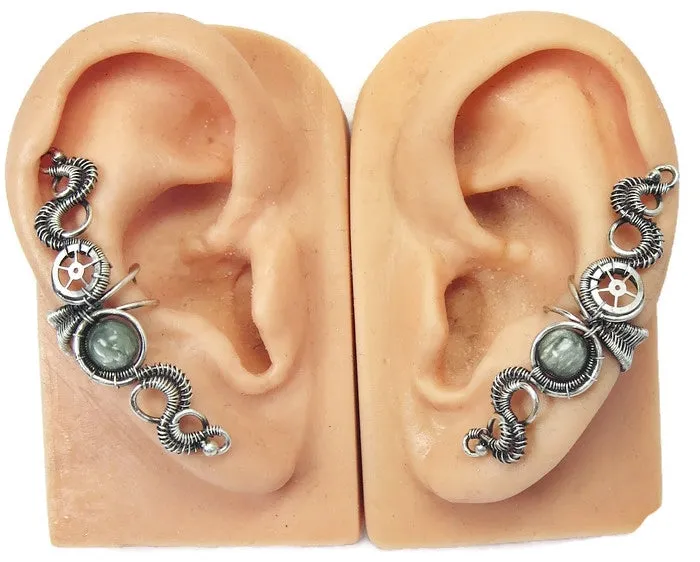 Custom Gemstone & Sterling Silver Steampunk Ear Cuff; "Rippling Wave" Model