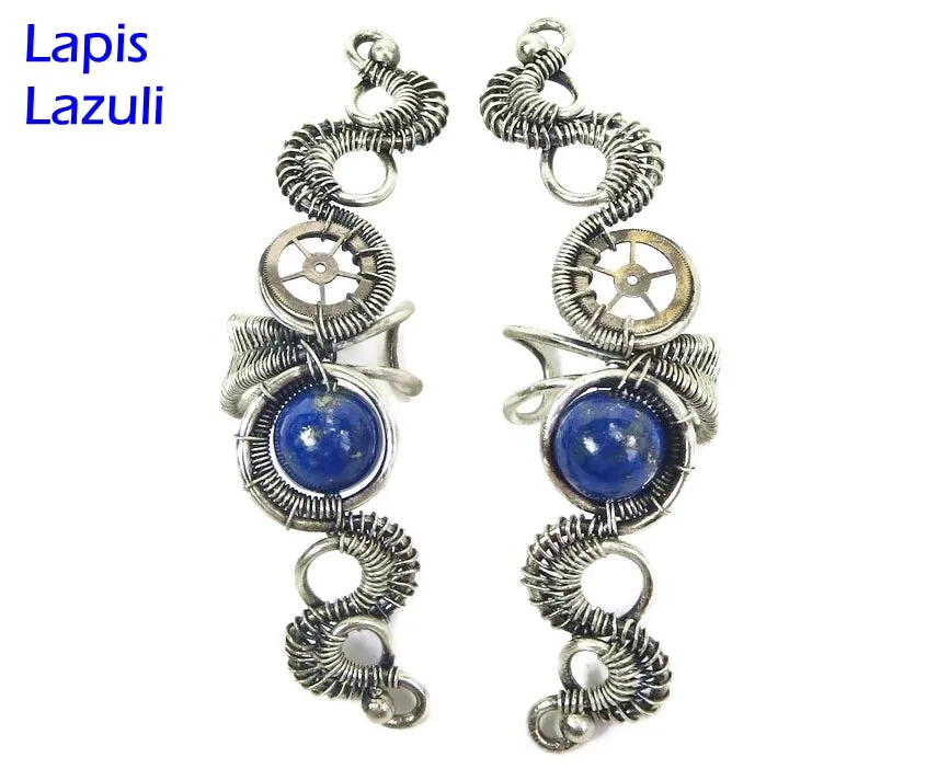 Custom Gemstone & Sterling Silver Steampunk Ear Cuff; "Rippling Wave" Model