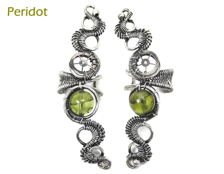 Custom Gemstone & Sterling Silver Steampunk Ear Cuff; "Rippling Wave" Model