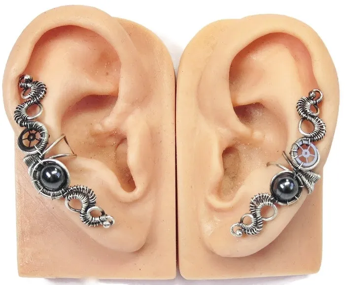 Custom Gemstone & Sterling Silver Steampunk Ear Cuff; "Rippling Wave" Model