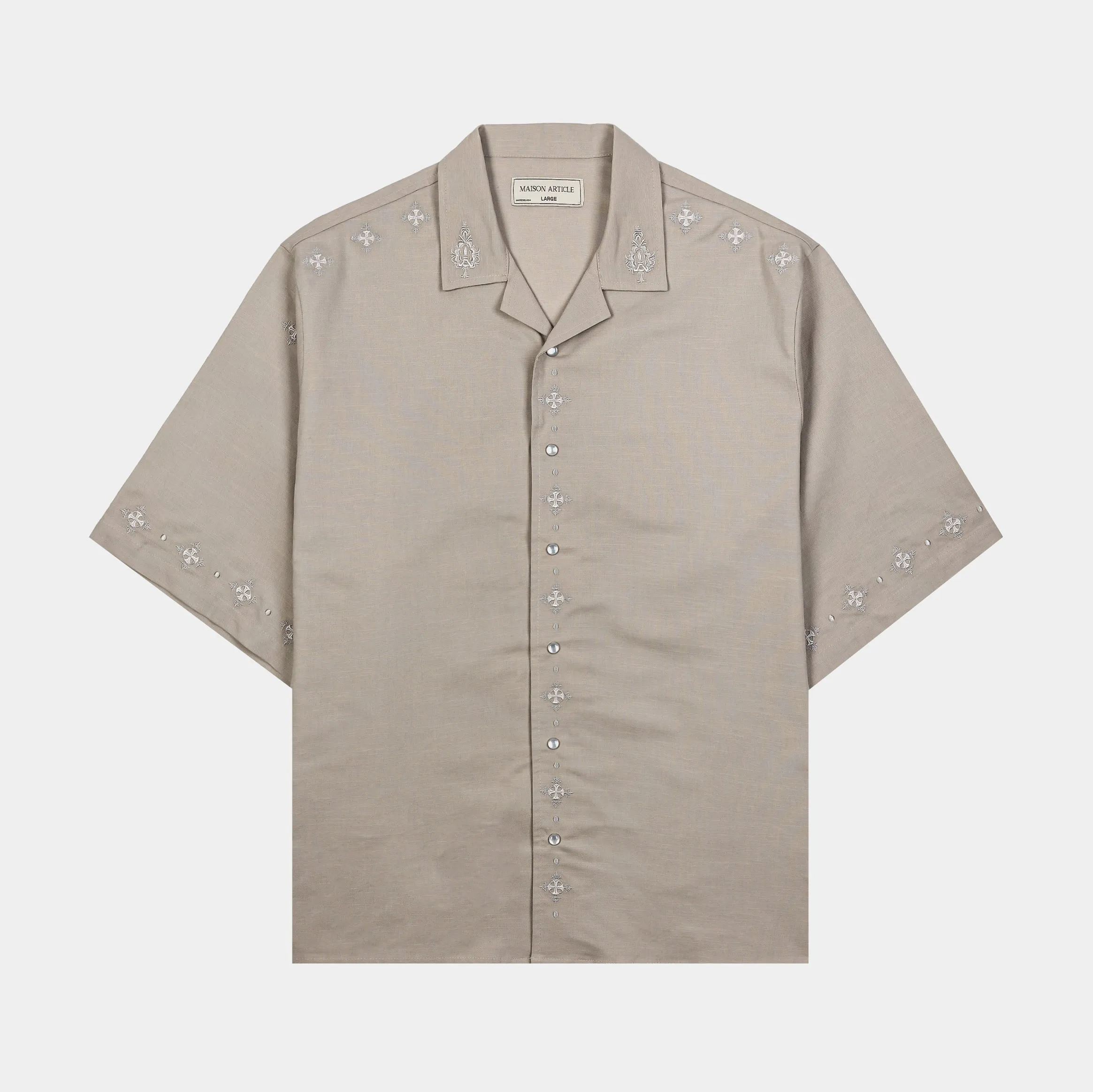 Embroidered Crosses Cotton Button Up Mens Short Sleeve Shirt (Grey)