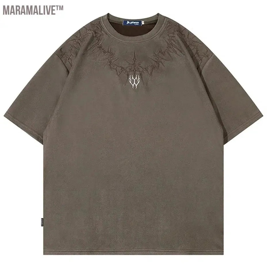Embroidery Suede T-shirts Men Harajuku Oversized Hip Hop Streetwear T Shirt Summer Vintage Loose Tees Tshirt Top Y2K Black