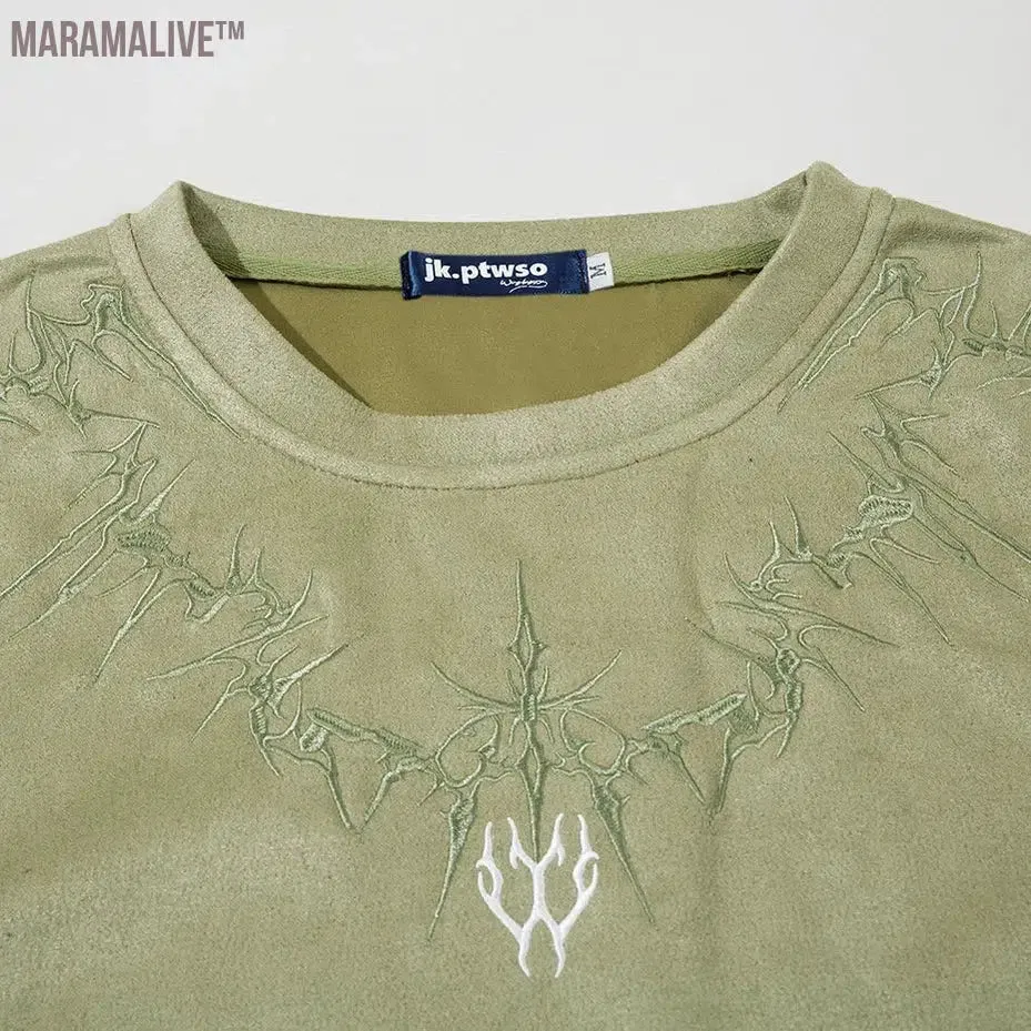 Embroidery Suede T-shirts Men Harajuku Oversized Hip Hop Streetwear T Shirt Summer Vintage Loose Tees Tshirt Top Y2K Black