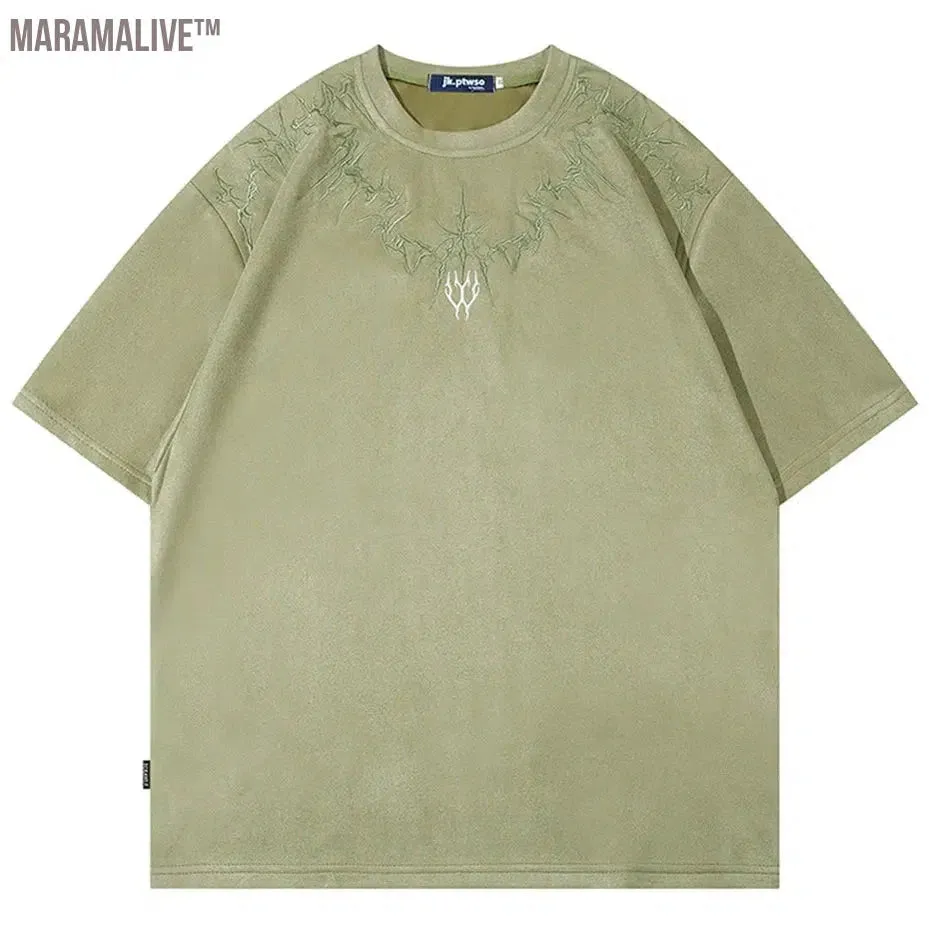 Embroidery Suede T-shirts Men Harajuku Oversized Hip Hop Streetwear T Shirt Summer Vintage Loose Tees Tshirt Top Y2K Black