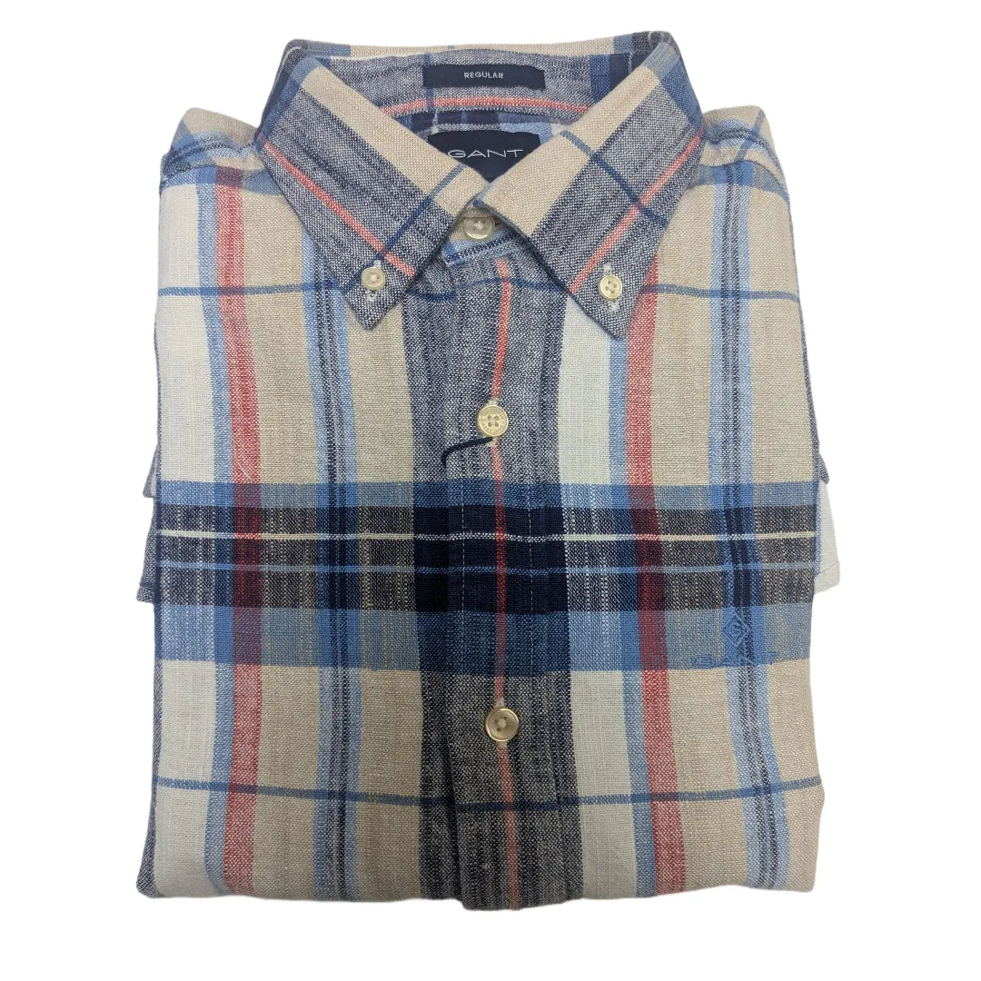 GANT Dry Sand Fall Linen Plaid Button Down Shirt 3009120 Size M NWT