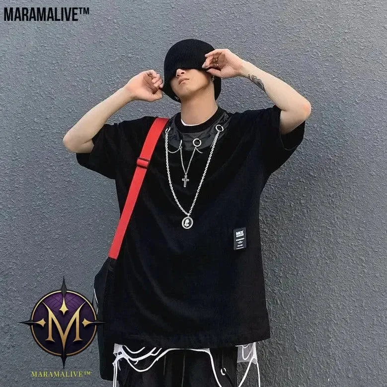 Jet-Black Jewel: Summer Men's New Gothic Style Dark Black Short Sleeve