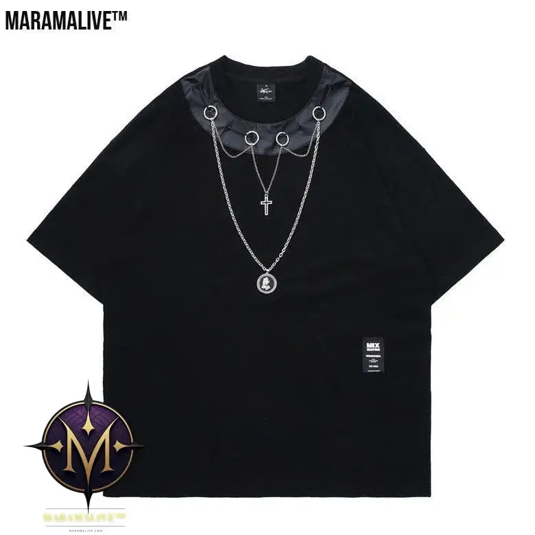 Jet-Black Jewel: Summer Men's New Gothic Style Dark Black Short Sleeve