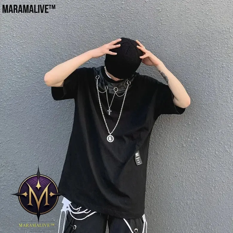 Jet-Black Jewel: Summer Men's New Gothic Style Dark Black Short Sleeve