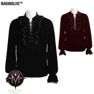 Medieval Gothic Style Loose Dress Velvet Material Vintage Long Sleeve Shirt Men