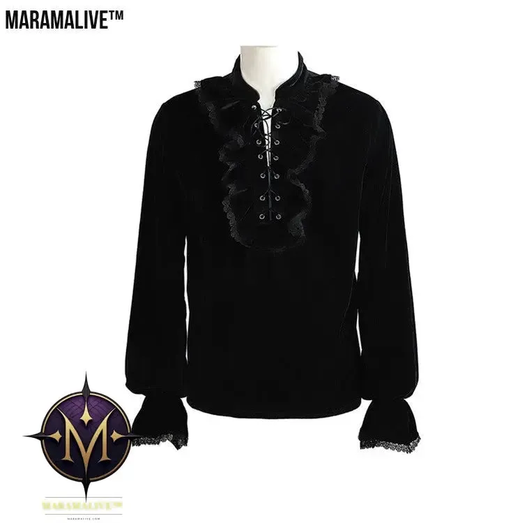 Medieval Gothic Style Loose Dress Velvet Material Vintage Long Sleeve Shirt Men