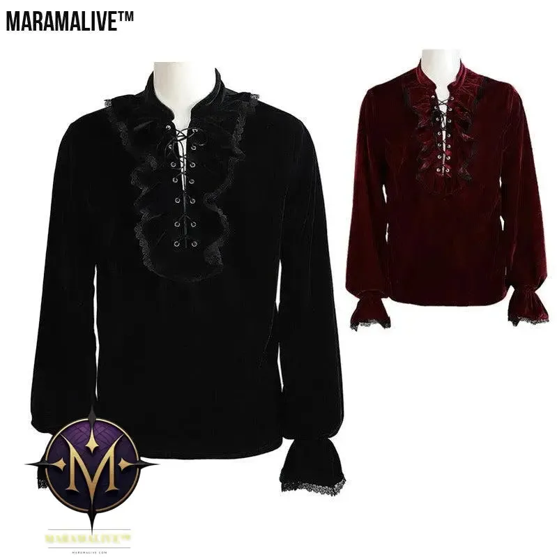 Medieval Gothic Style Loose Dress Velvet Material Vintage Long Sleeve Shirt Men