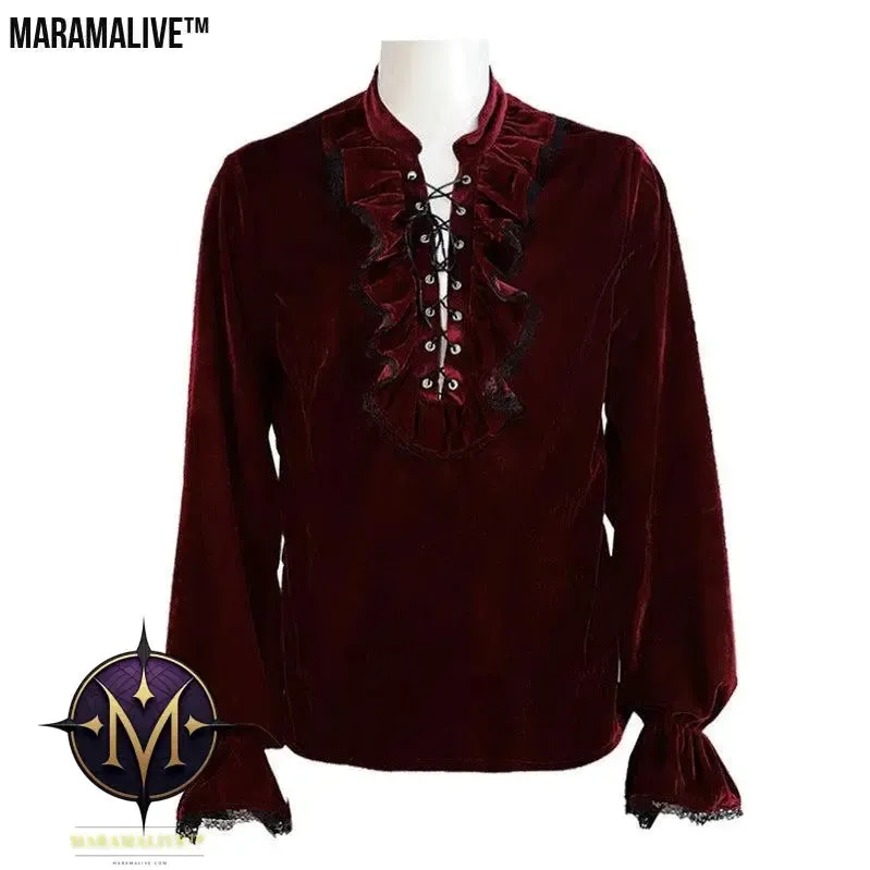 Medieval Gothic Style Loose Dress Velvet Material Vintage Long Sleeve Shirt Men