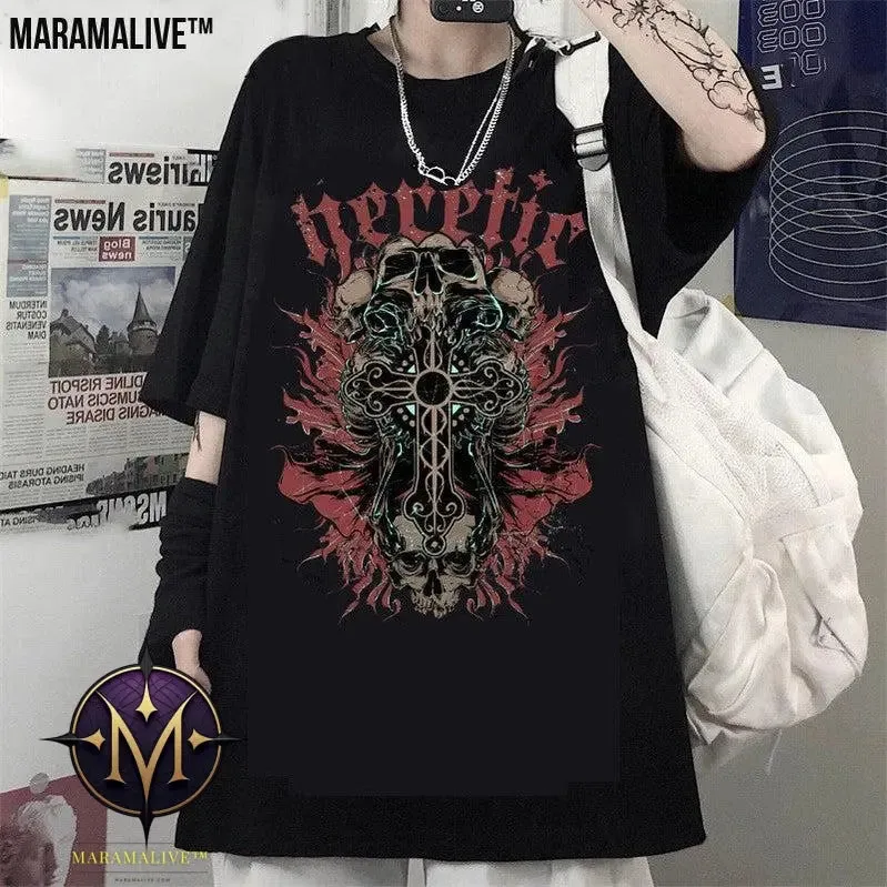 Men And Women Gothic Style Print Round Neck Loose T-shirt Short Sleeve