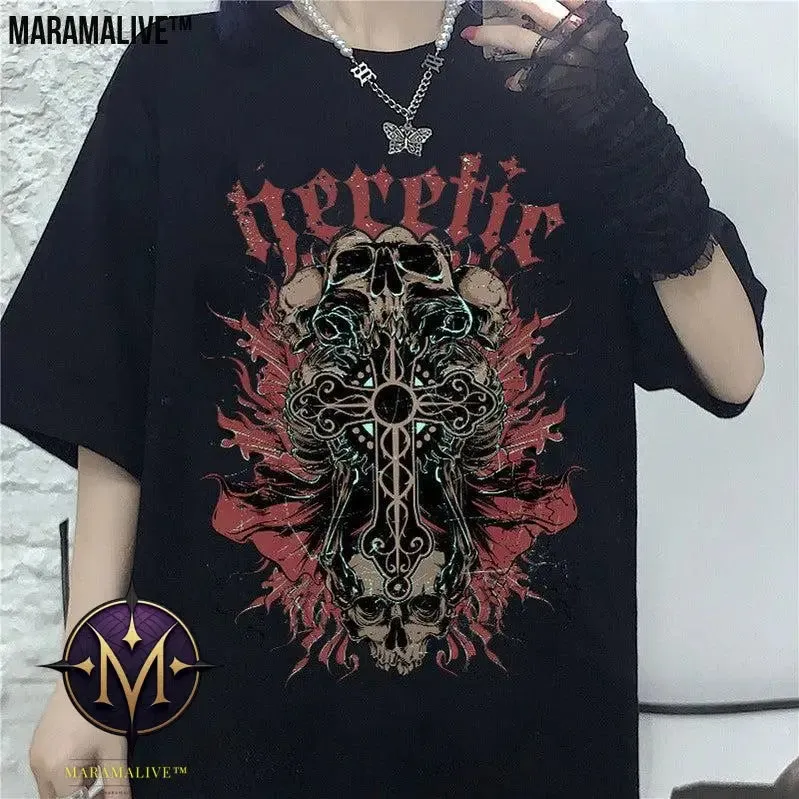 Men And Women Gothic Style Print Round Neck Loose T-shirt Short Sleeve