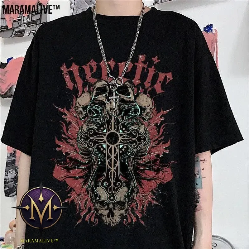 Men And Women Gothic Style Print Round Neck Loose T-shirt Short Sleeve