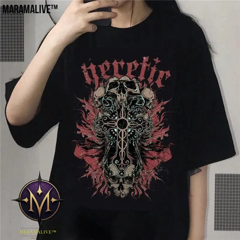 Men And Women Gothic Style Print Round Neck Loose T-shirt Short Sleeve
