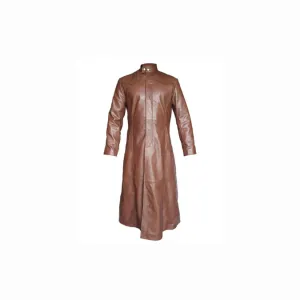 Men Real Brown Leather Trench Coat - T3 - BRW