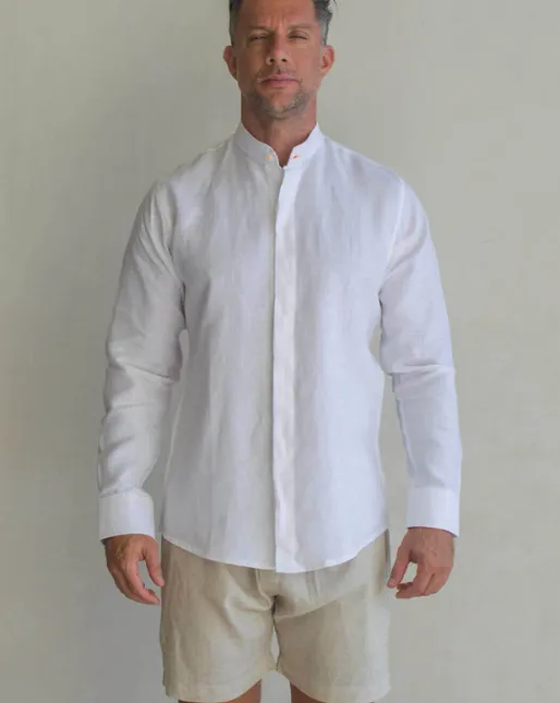 Menorca  Linen Shirt - White/Neon Orange