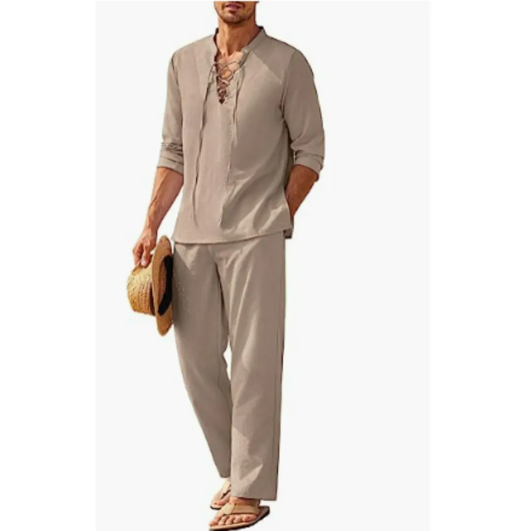 Men's Boho Long Sleeve Shirt & Pants Set | Summer
