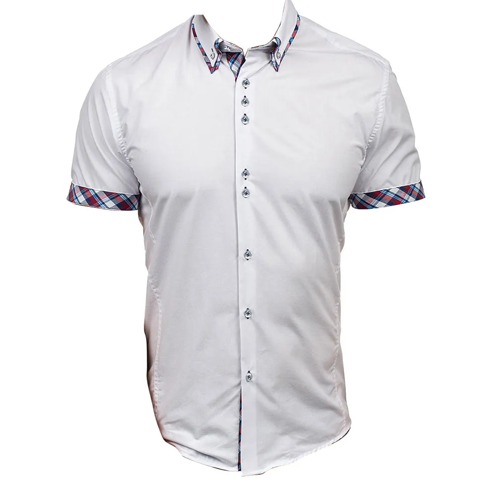 Men's Button down Tailor Fit Soft 100% Cotton Short Sleeve Dress Shirt  White with Colorful Checkcasual And Formal