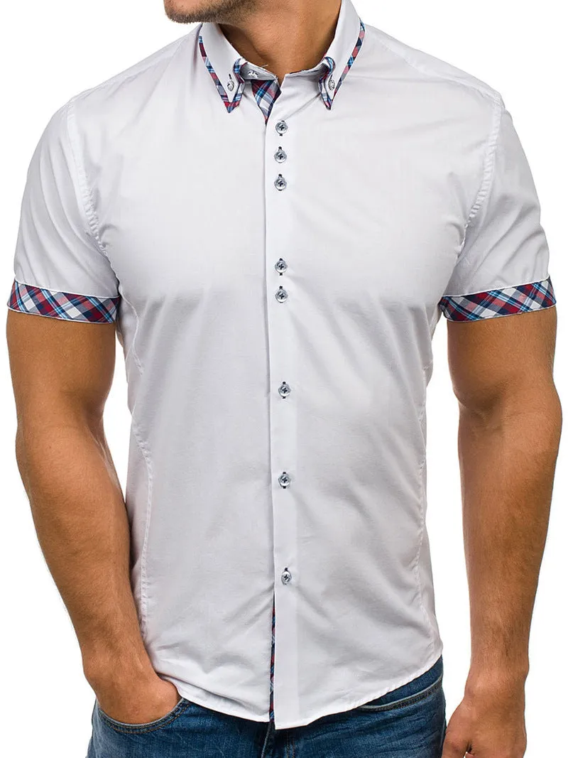 Men's Button down Tailor Fit Soft 100% Cotton Short Sleeve Dress Shirt  White with Colorful Checkcasual And Formal