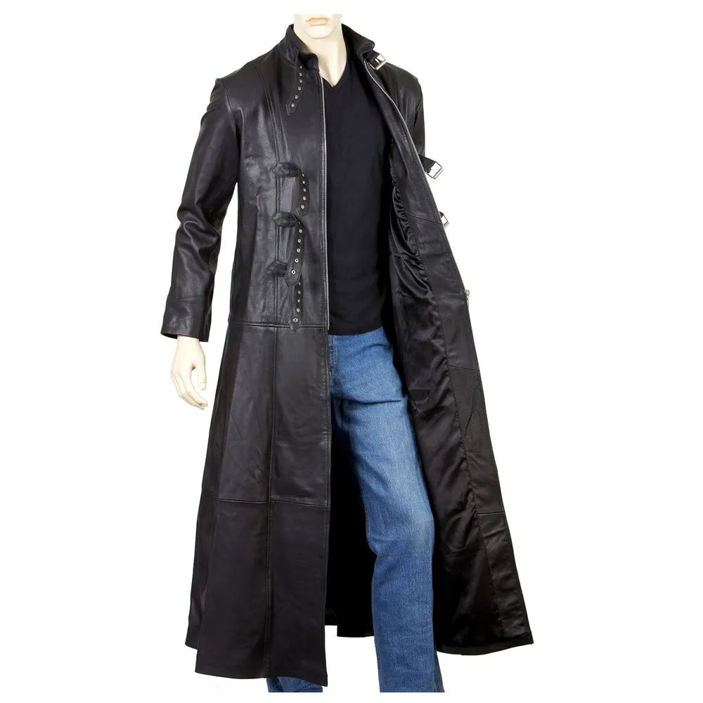 Men's Gothic Leather Coat Gothic Full-Length Coat With Three Buckle Open Front