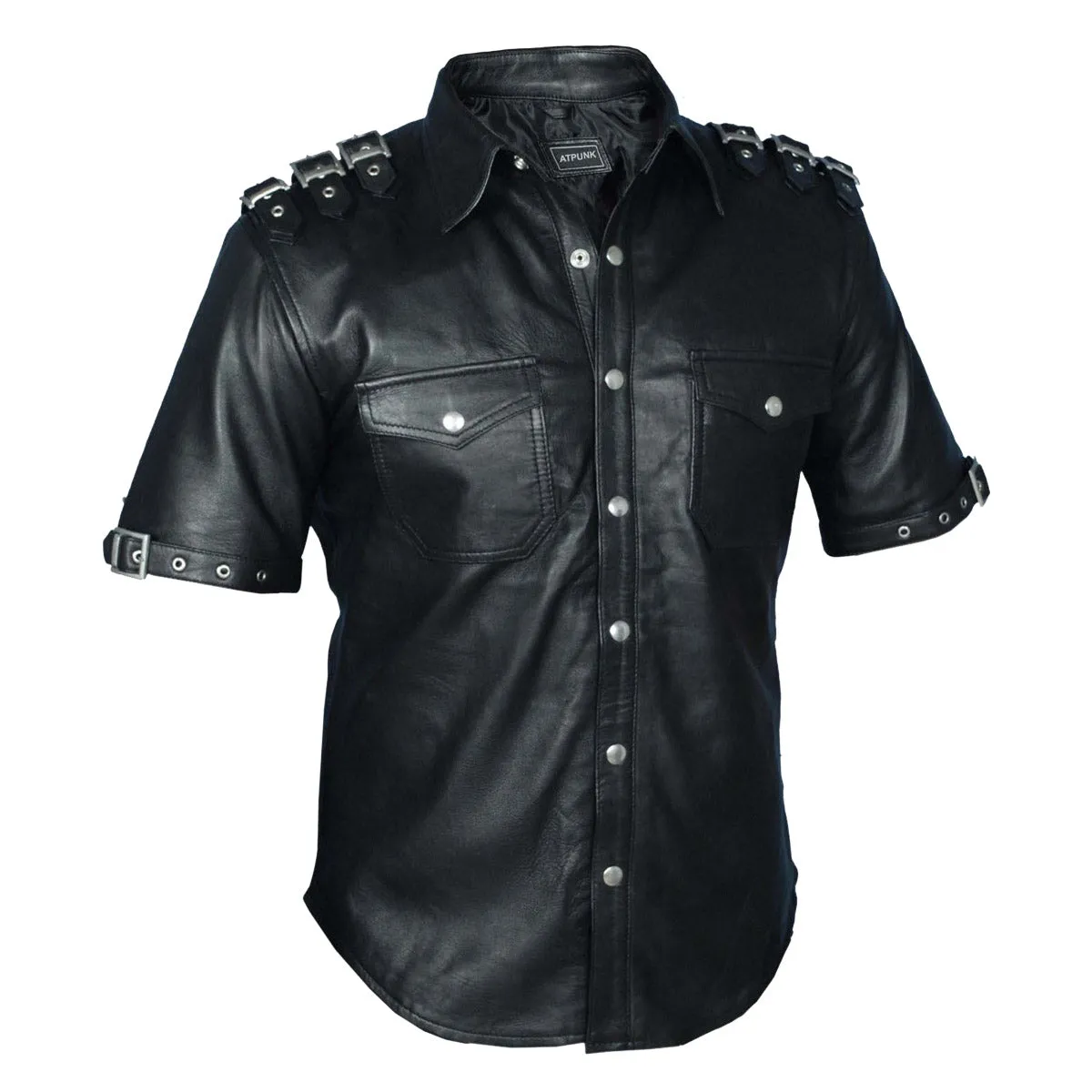 Mens Gothic pUNK Rock Real Leather Shirt Fetish Club Shirt