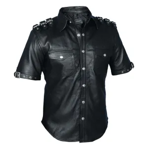 Mens Gothic pUNK Rock Real Leather Shirt Fetish Club Shirt