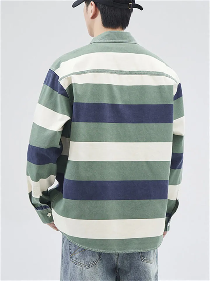 Men's Lapel Contrast Color Striped Button Up Jackets