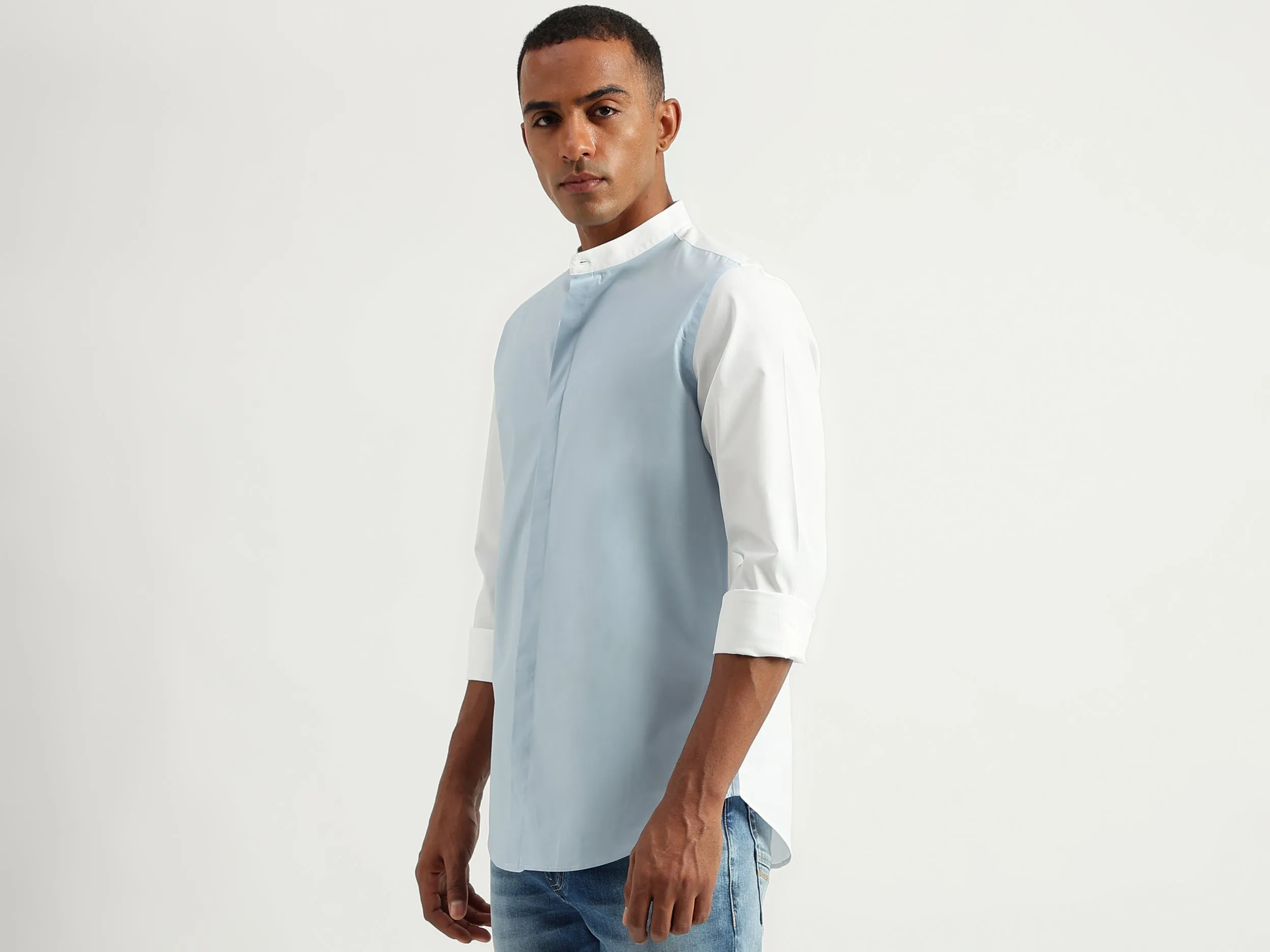 Men's Slim Fit Mandarin Collar Color Block Shirts