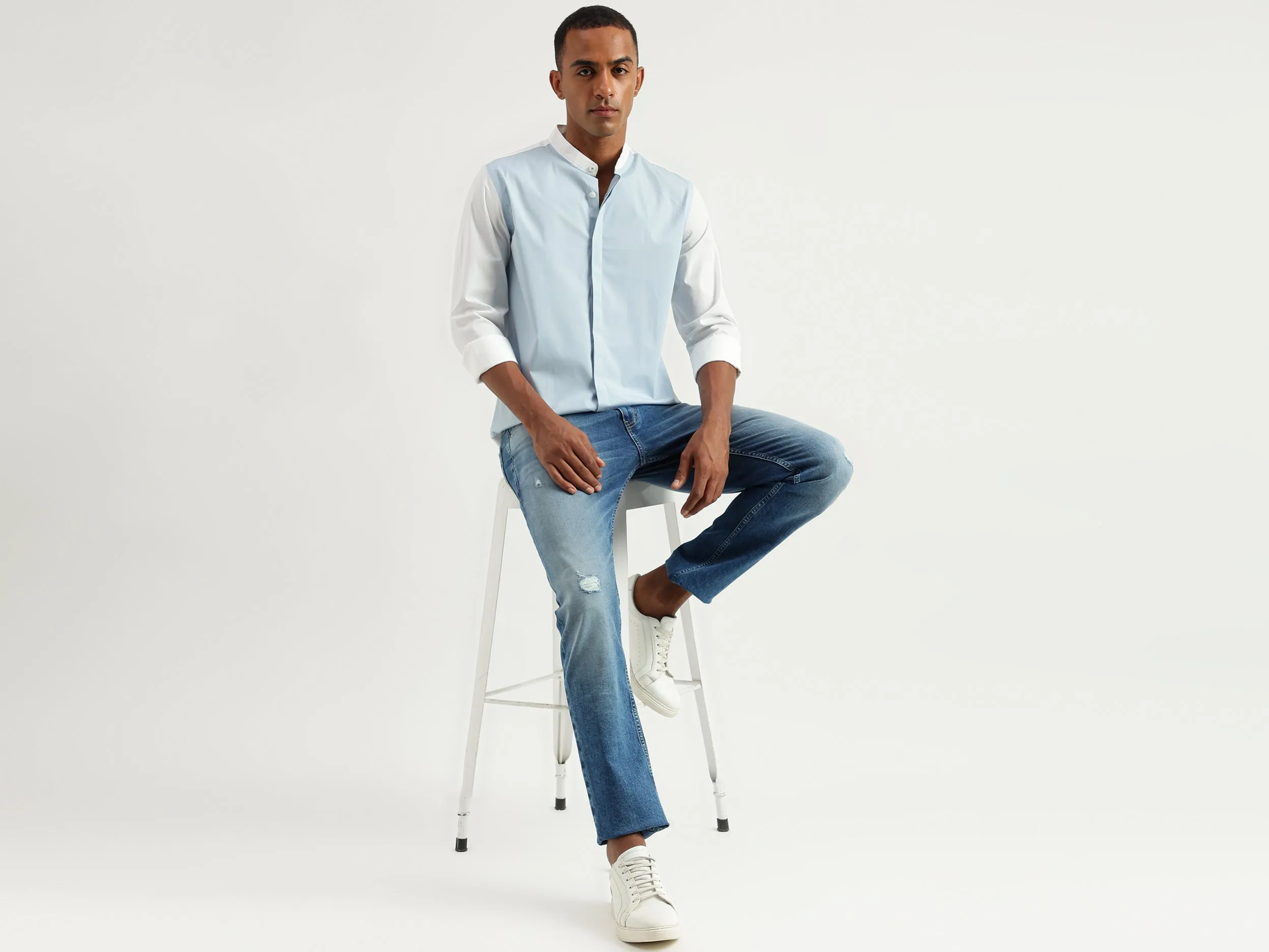 Men's Slim Fit Mandarin Collar Color Block Shirts
